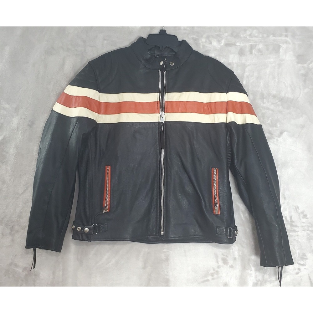 Interstate Leather Jacket Black Biker Womens Size XL Orange White Racing Stripes